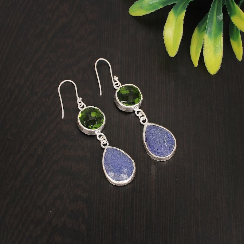 Lapis Lazuli and Peridot Gemstone 92.5 Sterling Silver Earrings