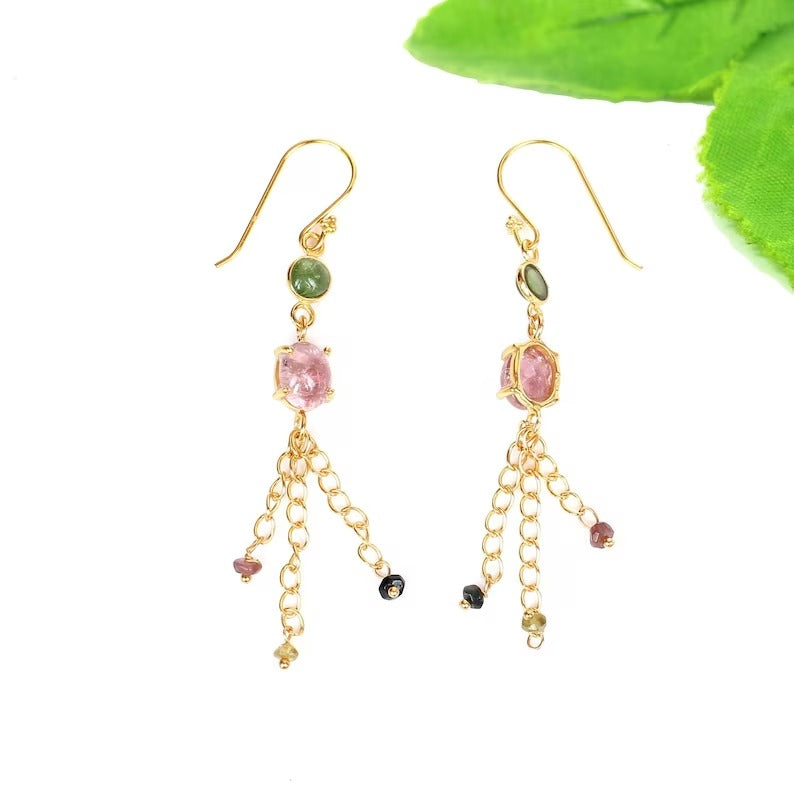 Natural Multi Tourmaline Gemstone 92.5 Silver Earrings