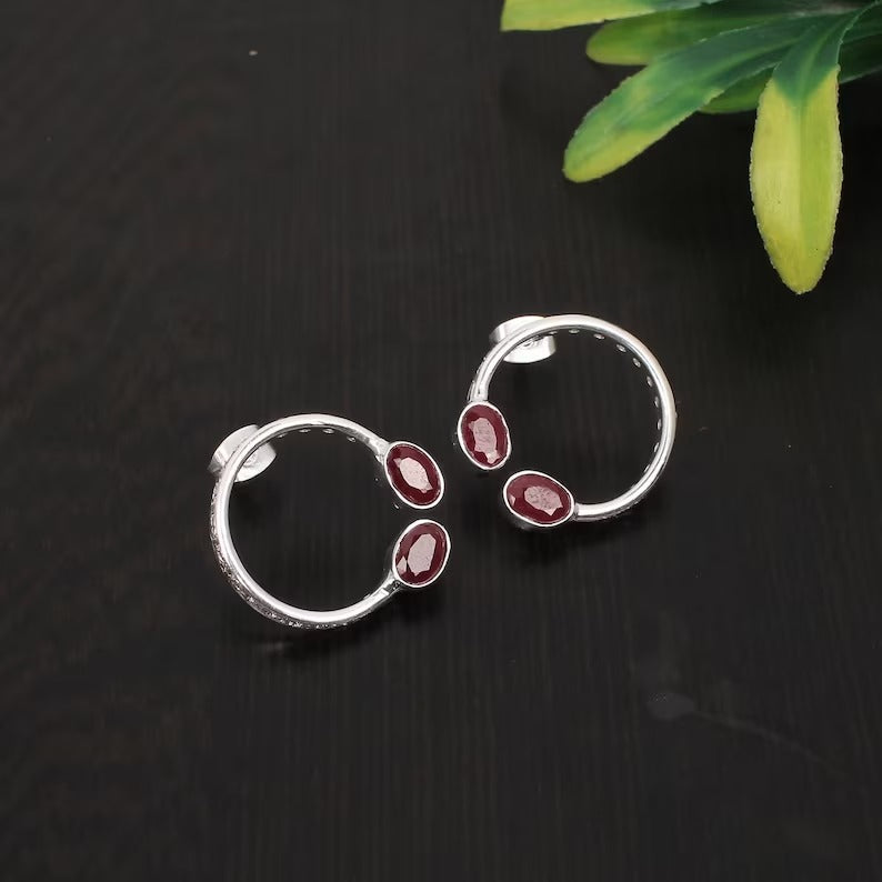 92.5 Solid Silver Carnelian And CZ Gemstone Hoop Studs Earrings