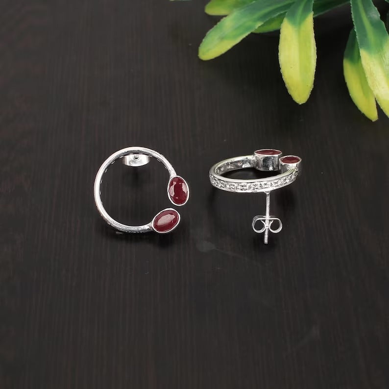 92.5 Solid Silver Carnelian And CZ Gemstone Hoop Studs Earrings