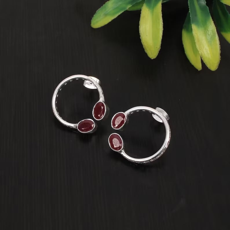 92.5 Solid Silver Carnelian And CZ Gemstone Hoop Studs Earrings