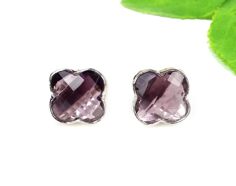 Pink Amethyst Clover Shape Gemstone 92.5 Sterling Silver Earrings