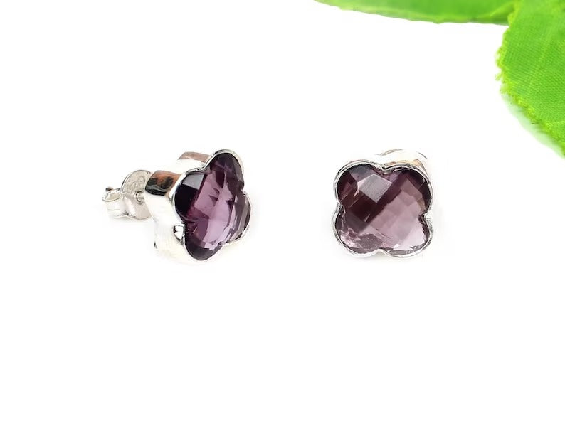 Pink Amethyst Clover Shape Gemstone 92.5 Sterling Silver Earrings