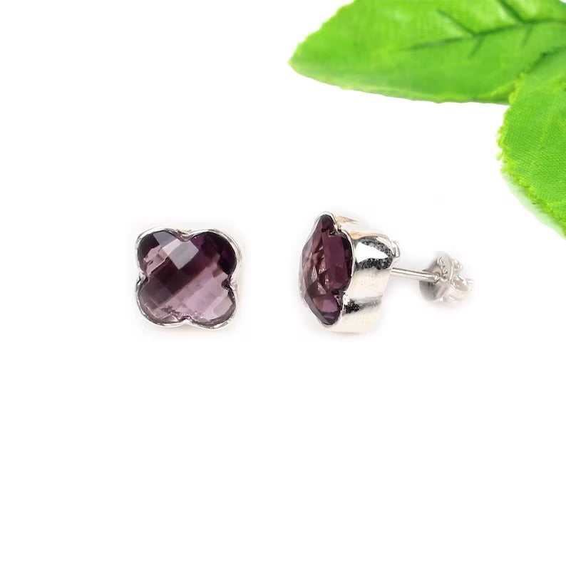 Pink Amethyst Clover Shape Gemstone 92.5 Sterling Silver Earrings