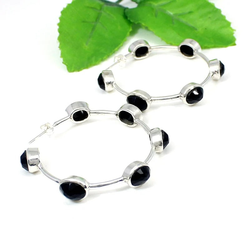 92.5 Sterling Silver Black Onyx Gemstone Hoop Earrings