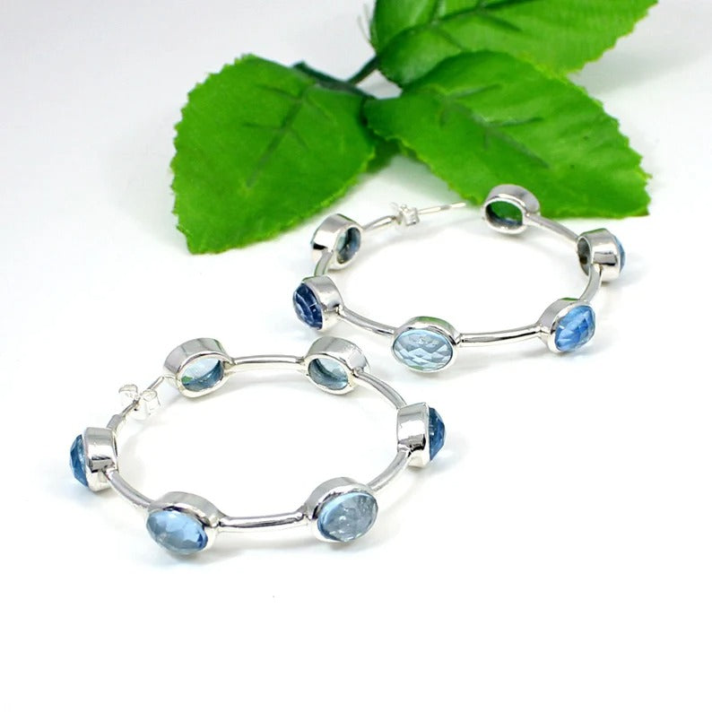 Blue Topaz Hydro Gemstone 92.5 Sterling Silver Hoop Earrings