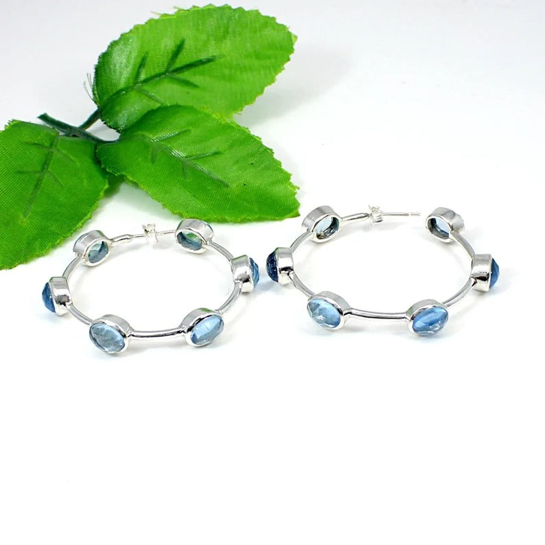 Blue Topaz Hydro Gemstone 92.5 Sterling Silver Hoop Earrings