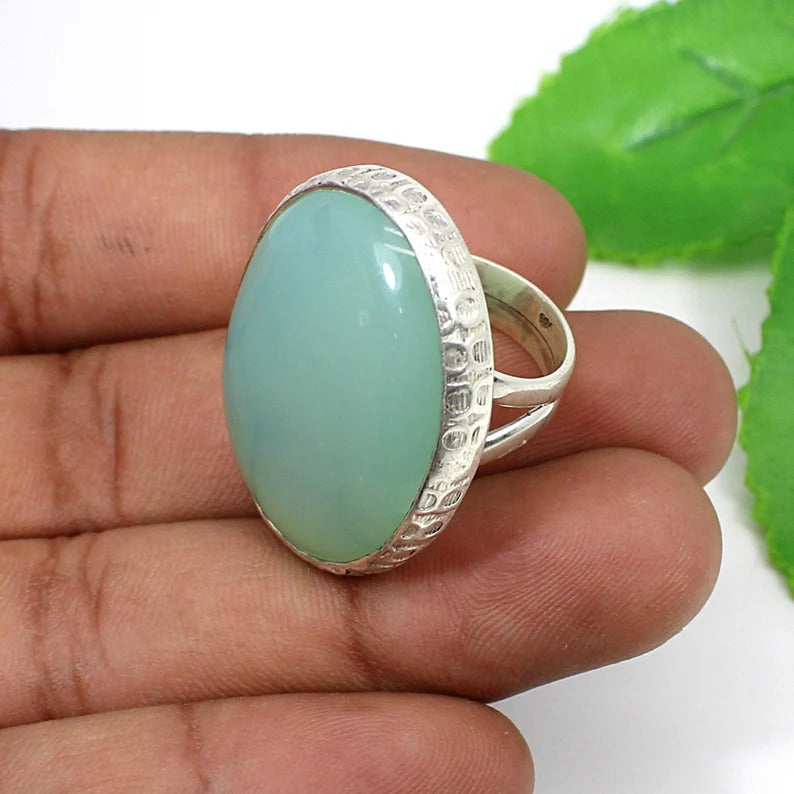 Aqua Chalcedony Gemstone 92.5 Sterling Silver Ring