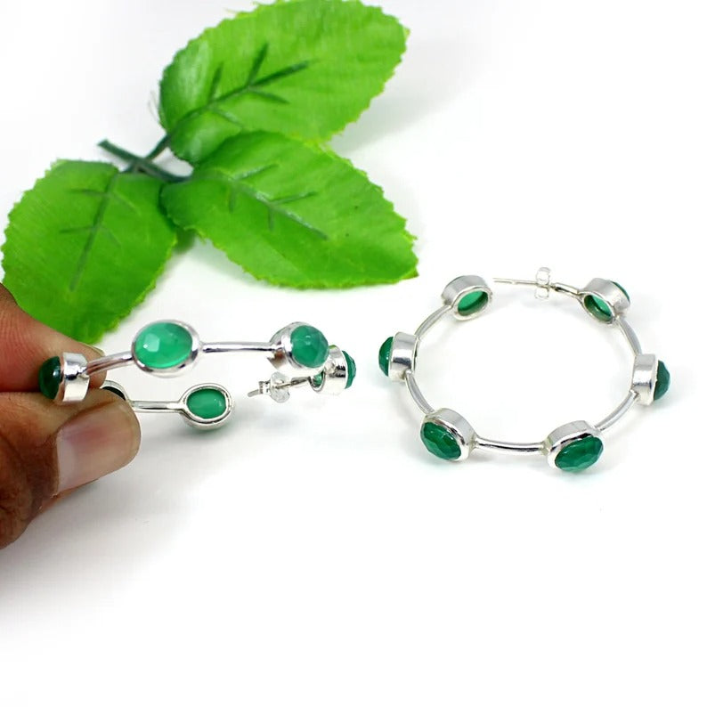 92.5 Sterling Silver Green Onyx Gemstone Earrings