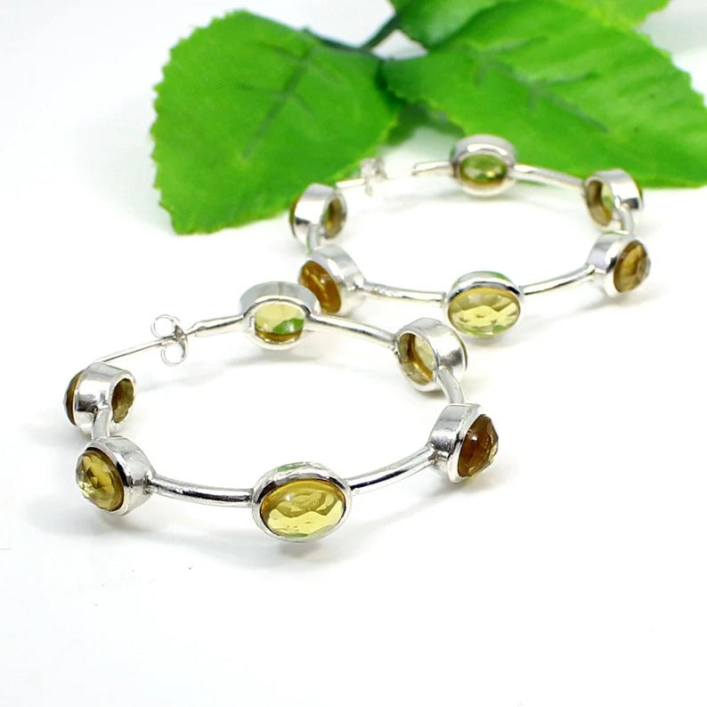 92.5 Sterling Silver Citrine Gemstone Hoop Earrings