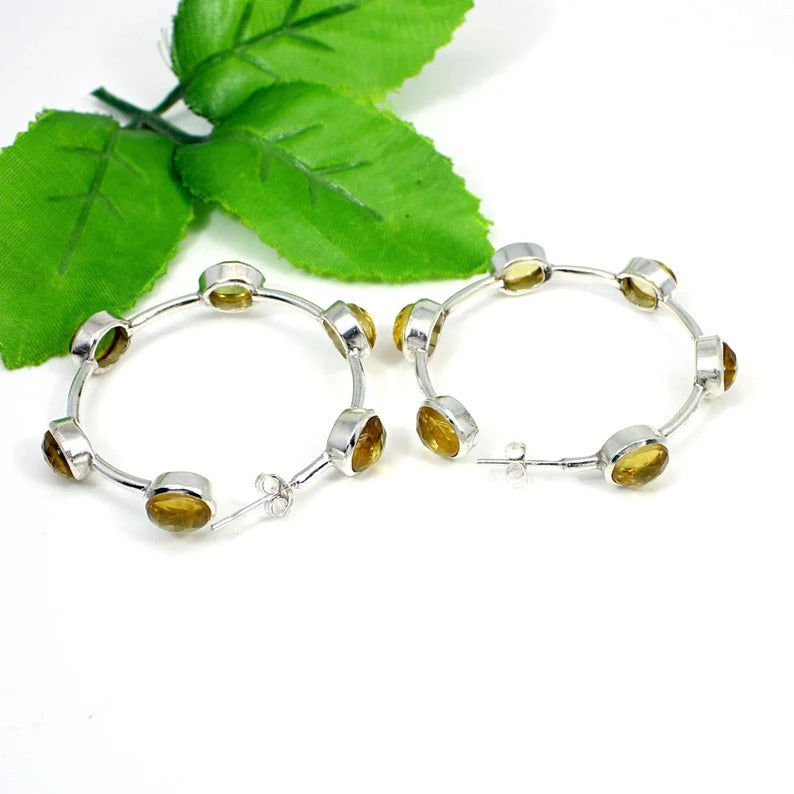 92.5 Sterling Silver Citrine Gemstone Hoop Earrings