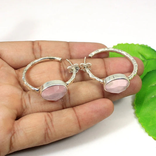 92.5 Sterling Silver Rose Quartz Gemstone Hoop Earrings