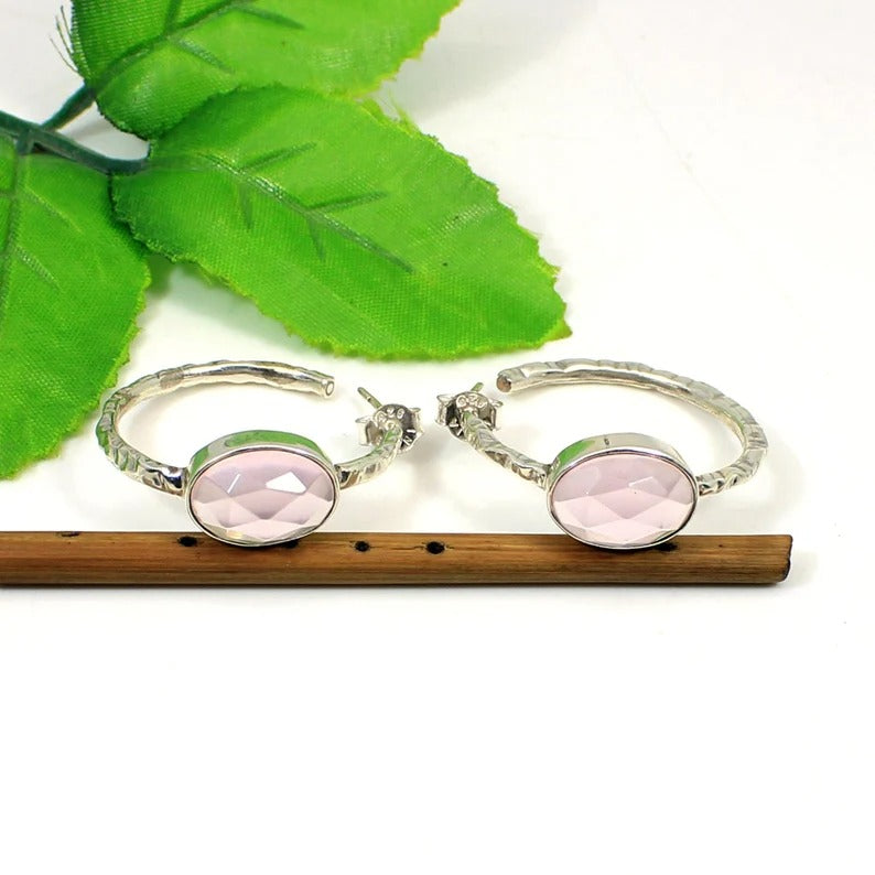 92.5 Sterling Silver Rose Quartz Gemstone Hoop Earrings