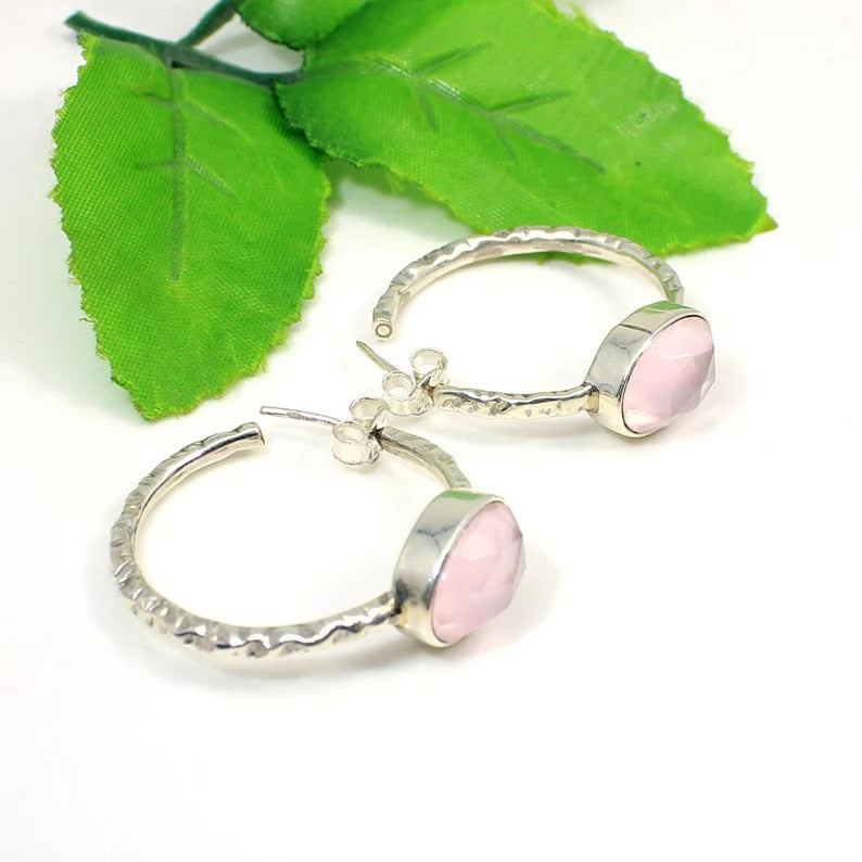 92.5 Sterling Silver Rose Quartz Gemstone Hoop Earrings