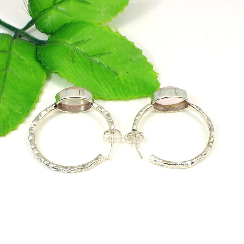 92.5 Sterling Silver Rose Quartz Gemstone Hoop Earrings