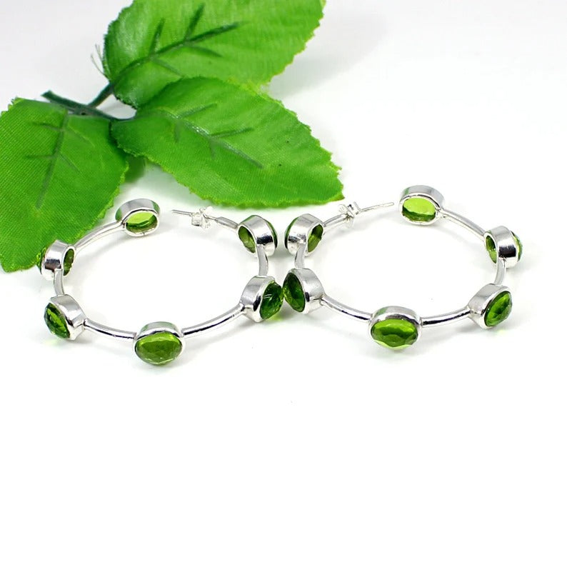 92.5 Sterling Silver Peridot Gemstone Hoop Earrings