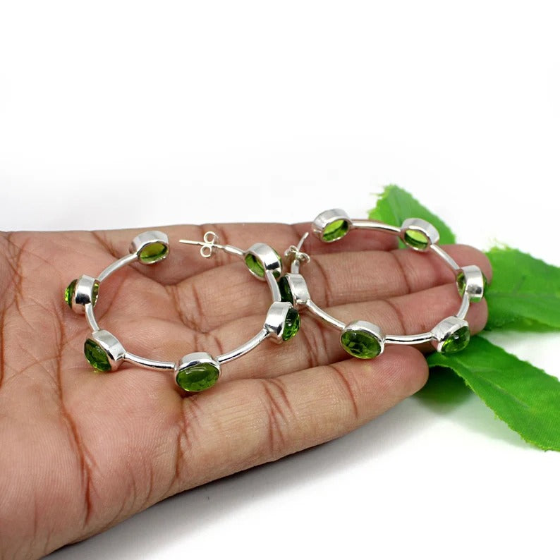 92.5 Sterling Silver Peridot Gemstone Hoop Earrings