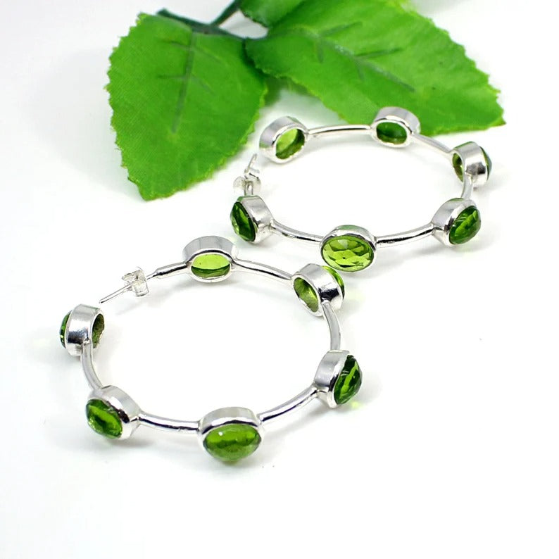 92.5 Sterling Silver Peridot Gemstone Hoop Earrings