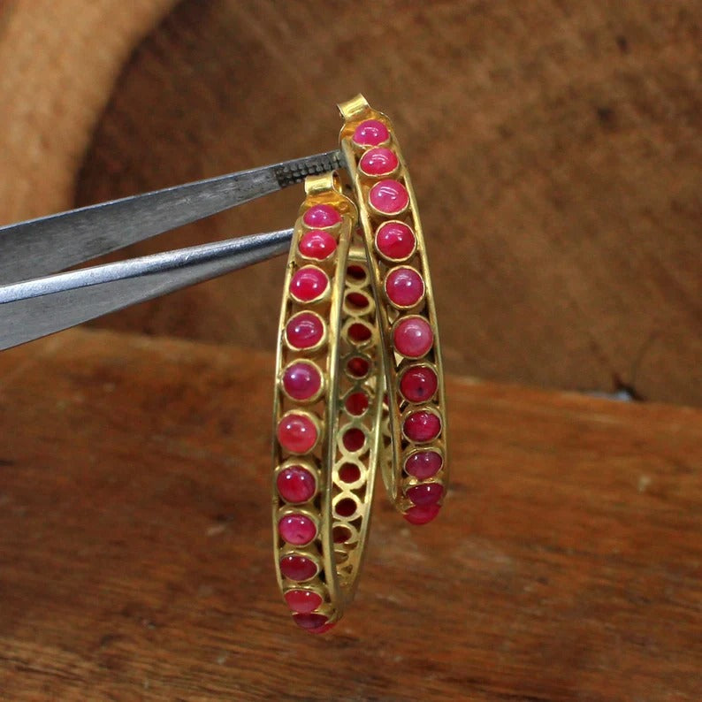 Fuchsia Chalcedony Gemstone Fancy Sterling Silver Hoop Earrings