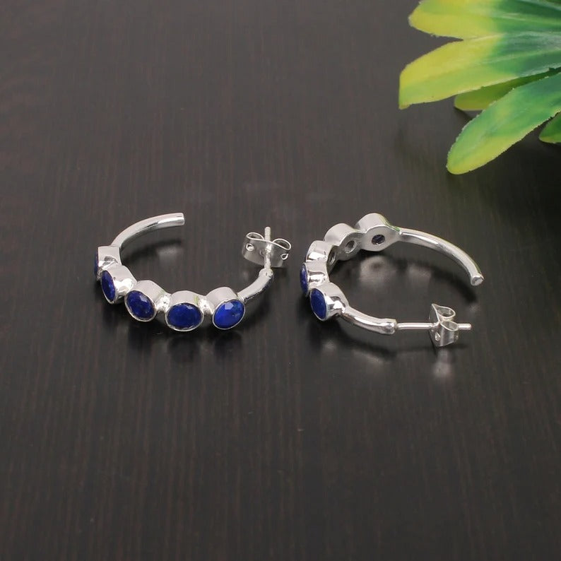 92.5 Sterling Silver Lapis Lazuli Gemstone Hoops Earrings