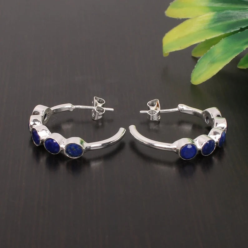 92.5 Sterling Silver Lapis Lazuli Gemstone Hoops Earrings