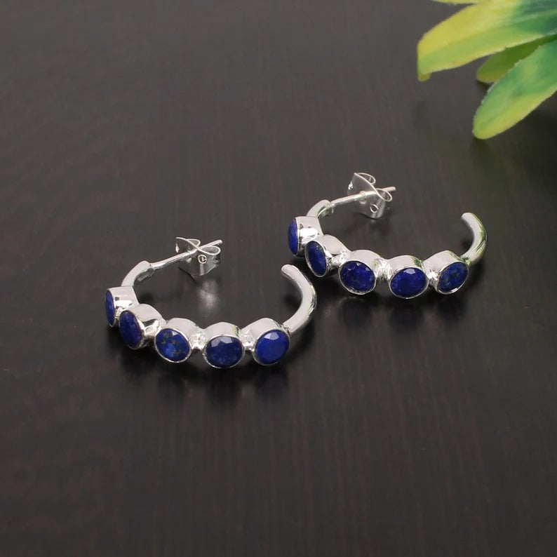 92.5 Sterling Silver Lapis Lazuli Gemstone Hoops Earrings