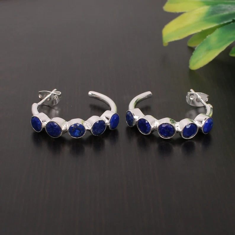 92.5 Sterling Silver Lapis Lazuli Gemstone Hoops Earrings