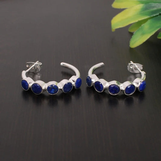 92.5 Sterling Silver Lapis Lazuli Gemstone Hoops Earrings