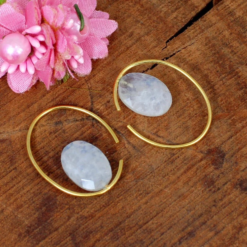 92.5 Sterling Silver Rainbow Moonstone Oval Designer Earrings