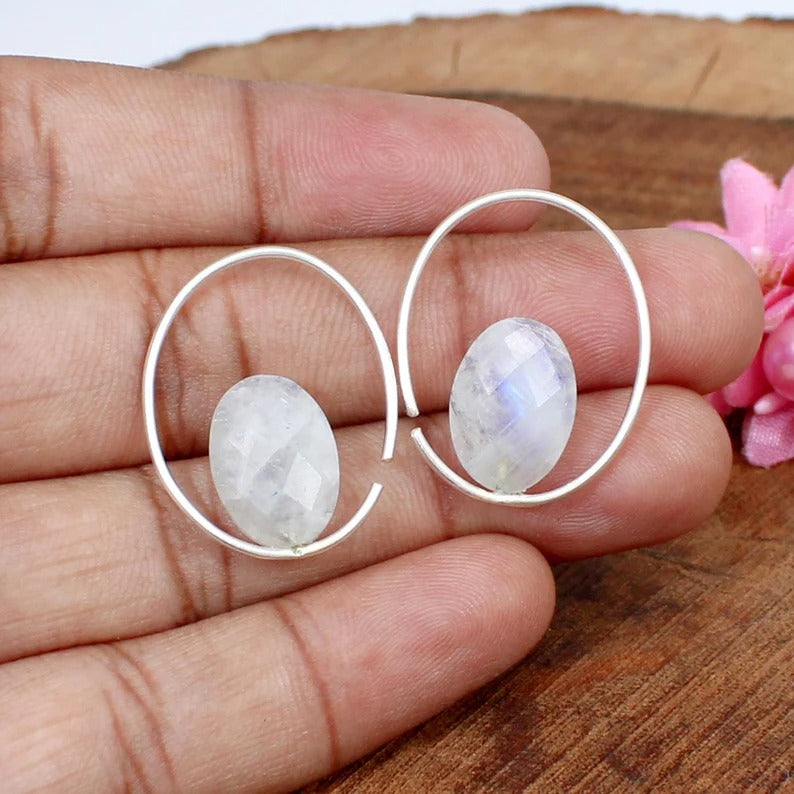 92.5 Sterling Silver Rainbow Moonstone Oval Designer Earrings