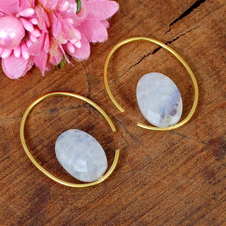 92.5 Sterling Silver Rainbow Moonstone Oval Designer Earrings