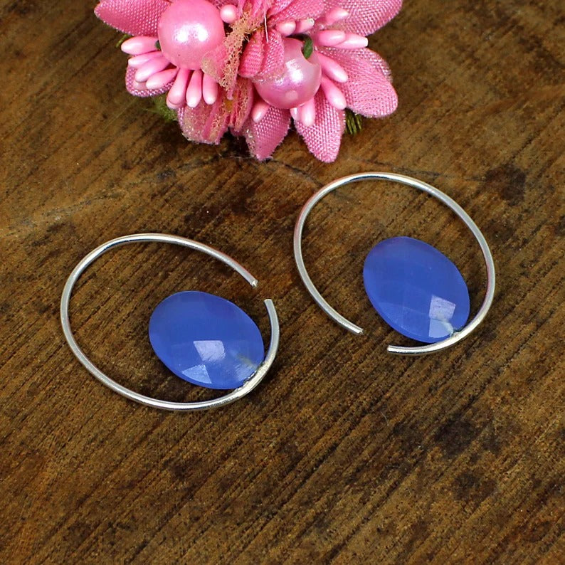 92.5 Sterling Silver Blue Chalcedony Gemstone Earrings