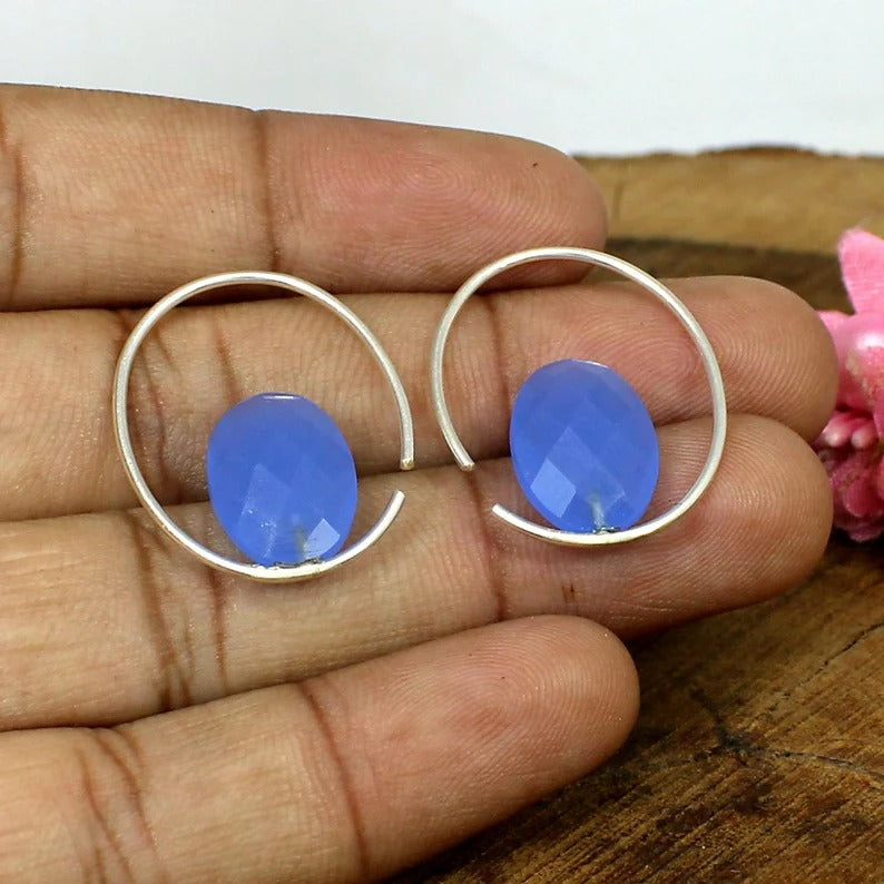 92.5 Sterling Silver Blue Chalcedony Gemstone Earrings