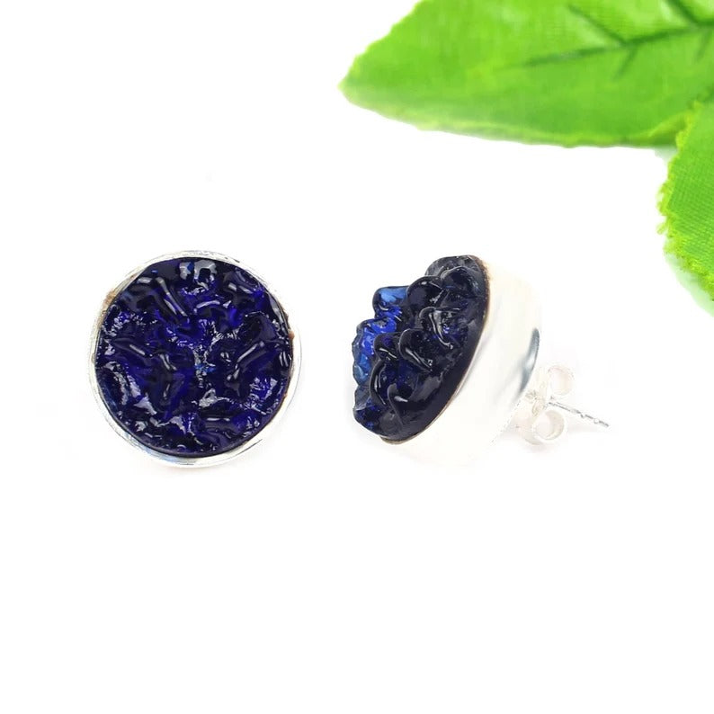 Chinese Blue Moldavite Gemstone Sterling Silver Stud Earrings