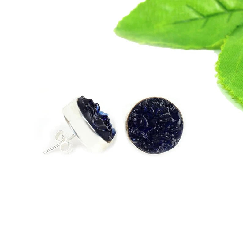 Chinese Blue Moldavite Gemstone Sterling Silver Stud Earrings