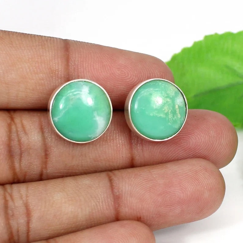 92.5 Sterling Silver Chrysoprase Gemstone Stud Earrings