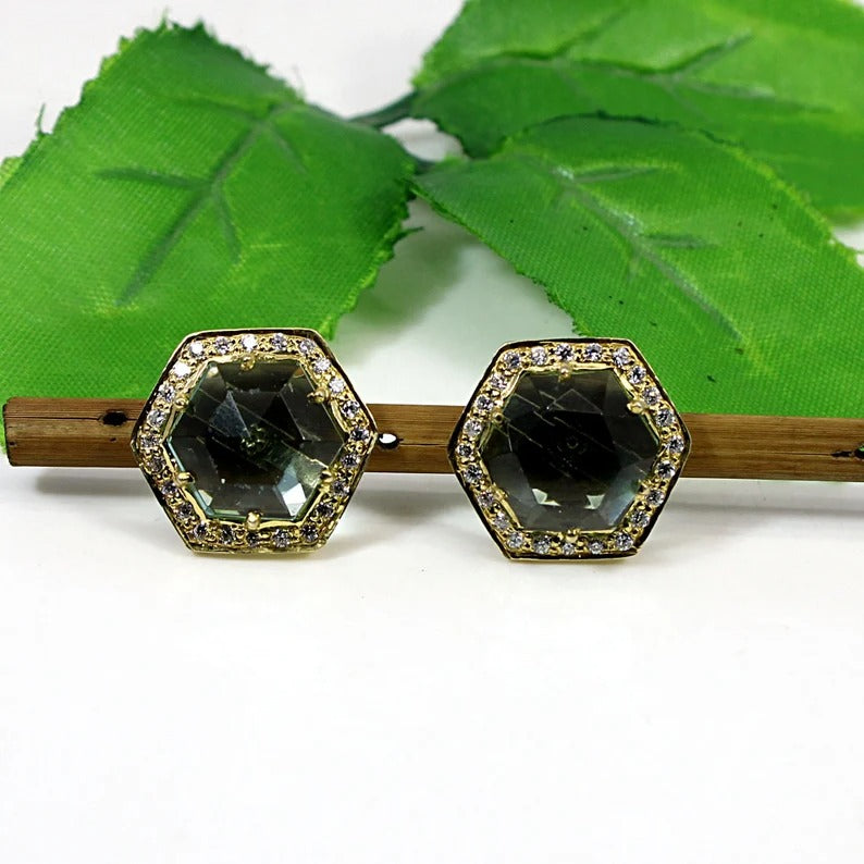 92.5 Sterling Silver Green Amethyst Gemstone Stud Earrings