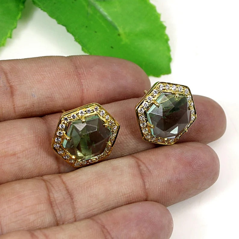 92.5 Sterling Silver Green Amethyst Gemstone Stud Earrings