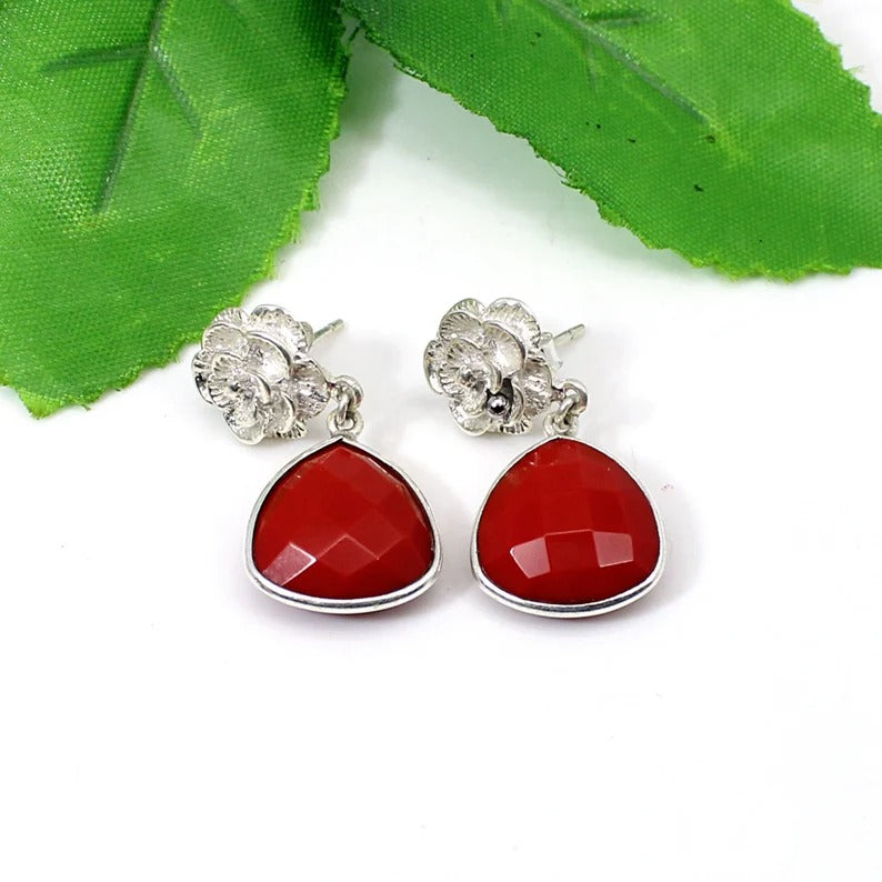 Red Coral Triangle Faceted Gemstone Sterling Silver Earrings