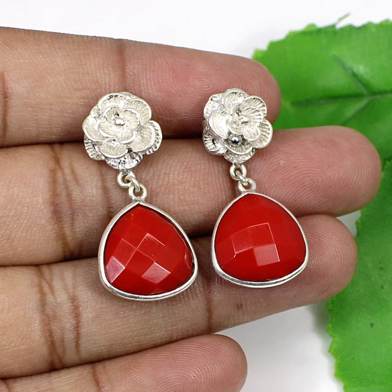 Red Coral Triangle Faceted Gemstone Sterling Silver Earrings