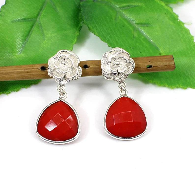 Red Coral Triangle Faceted Gemstone Sterling Silver Earrings