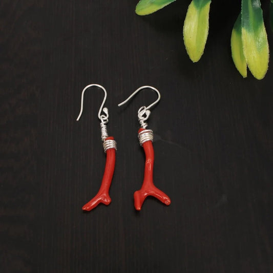 Red Coral Gemstone Designer 92.5 Sterling Silver Dangle Earings