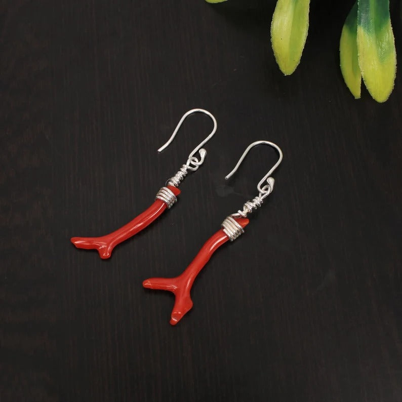 Red Coral Gemstone Designer 92.5 Sterling Silver Dangle Earings