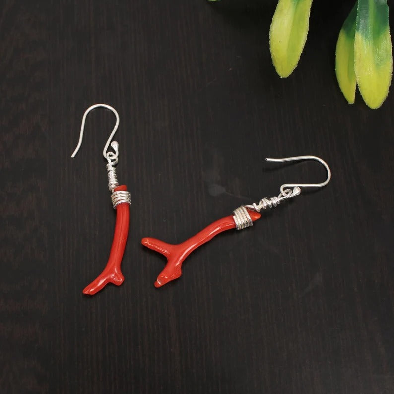 Red Coral Gemstone Designer 92.5 Sterling Silver Dangle Earings