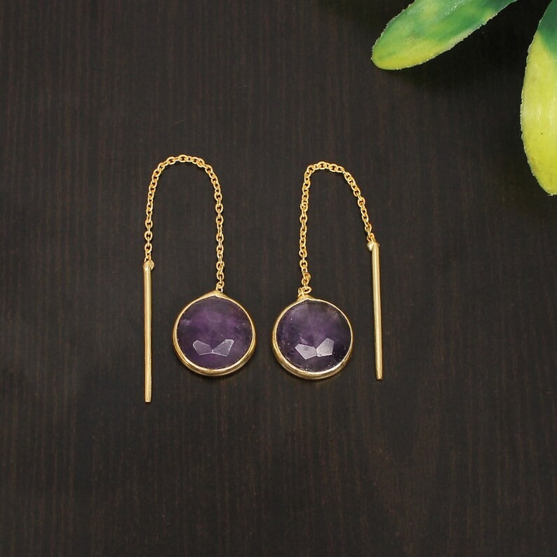 92.5 Sterling Silver Amethyst Gemstone Gold Plated Earrings