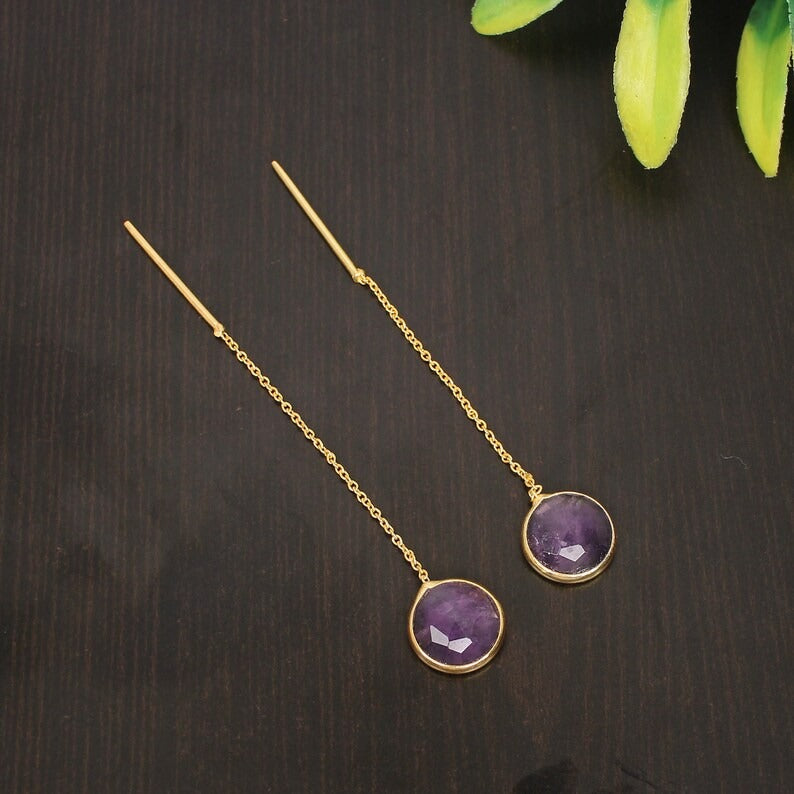 92.5 Sterling Silver Amethyst Gemstone Gold Plated Earrings