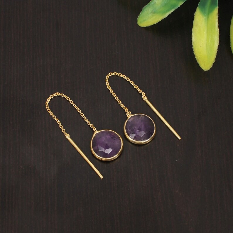 92.5 Sterling Silver Amethyst Gemstone Gold Plated Earrings