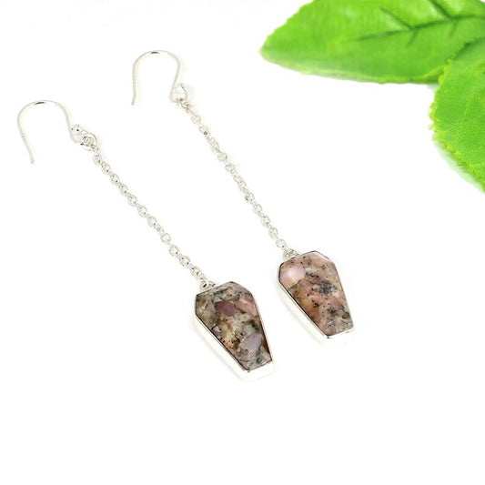 925 Silver Pink Opal Coffin Gemstone Earrings