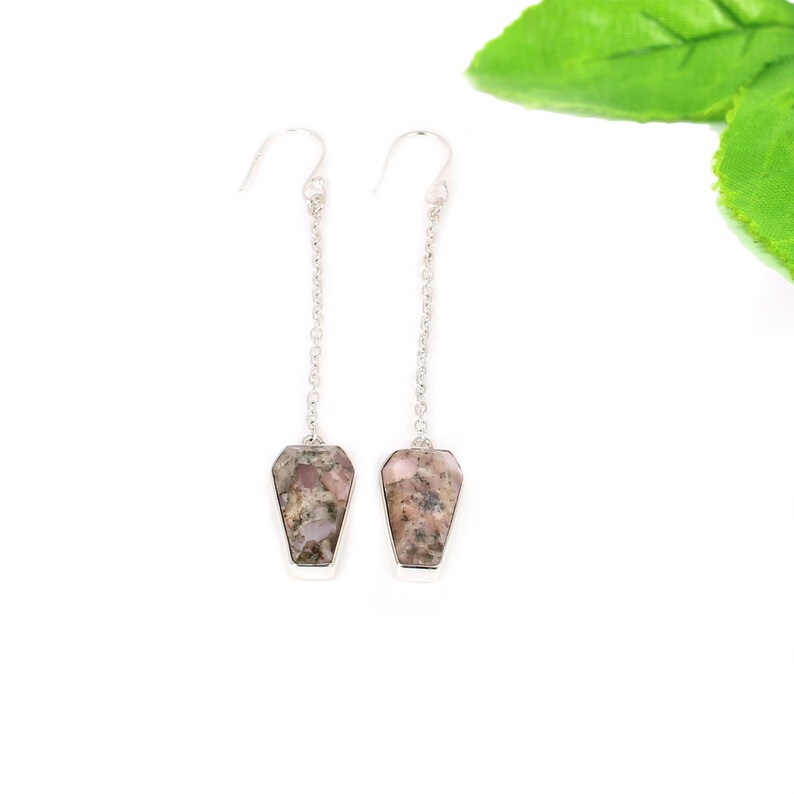 925 Silver Pink Opal Coffin Gemstone Earrings