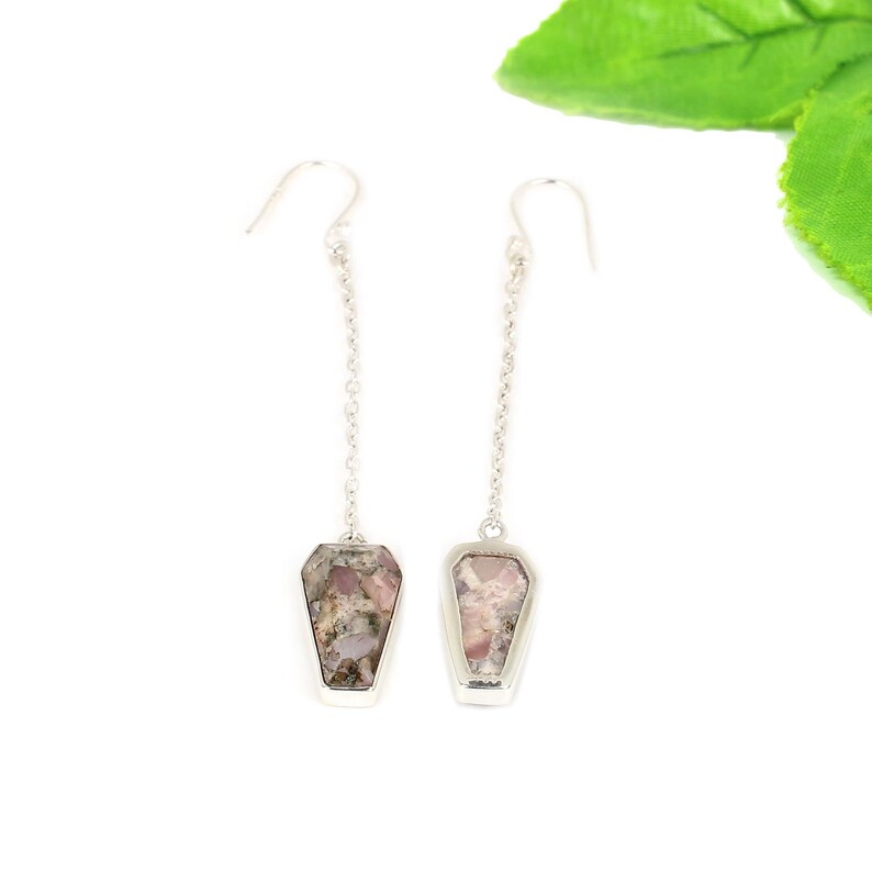 925 Silver Pink Opal Coffin Gemstone Earrings